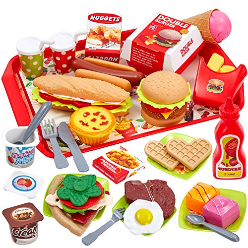 Buyger 63 PCS Play Toy Food Set for Children Hamburger Role Play Kitch ...